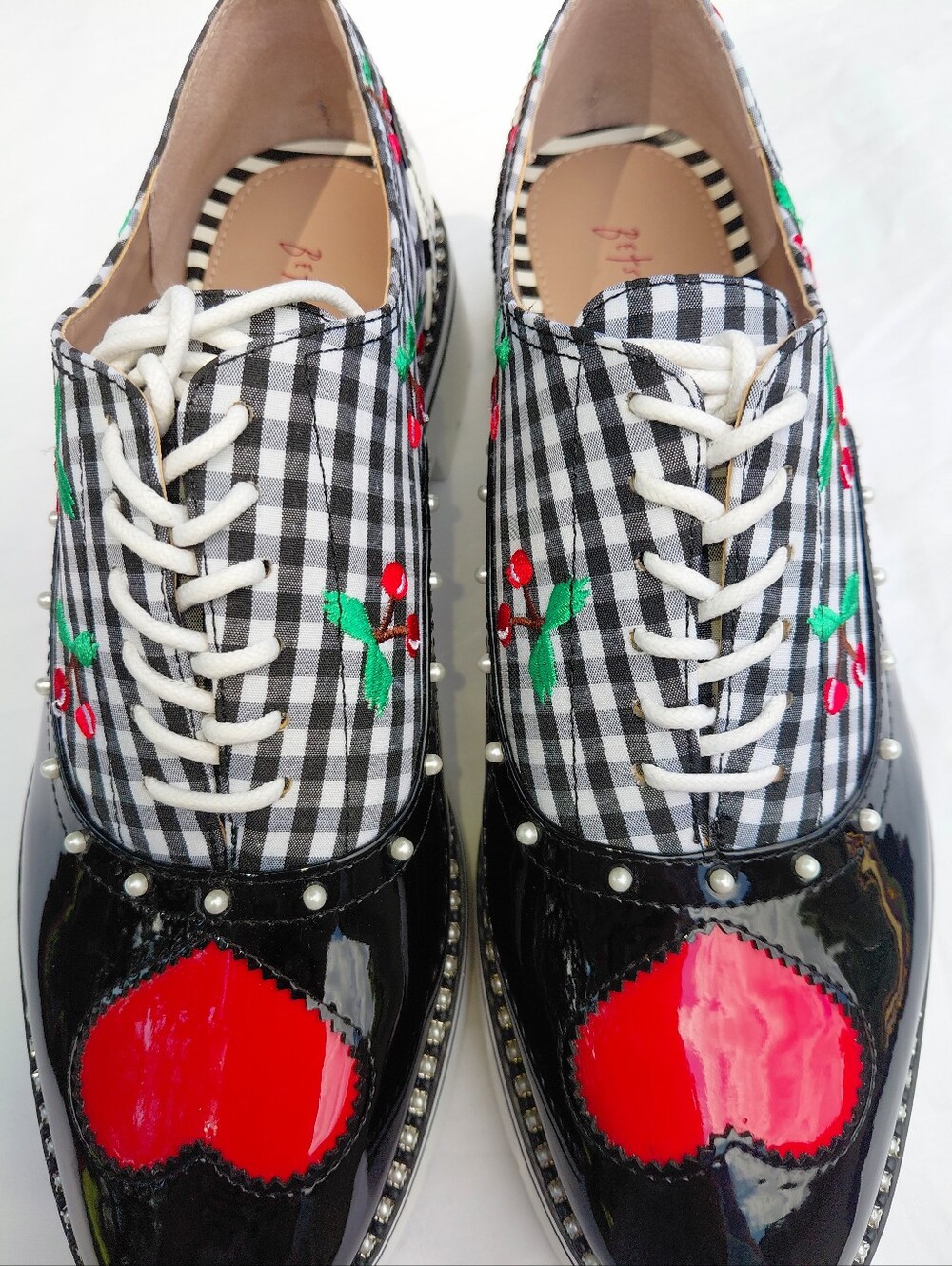 NWOT SZ 10 Betsey Johnson Abbott Ladies Chunky Cherry Gingham Lace-Up Loafers - Picture 6 of 11